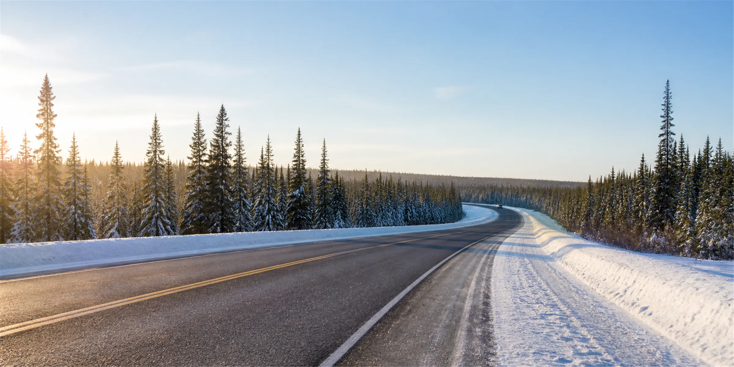 A two lane highway curving away past a snow banked shoulder at the edge of a spruce forest, under a wide pale winter sky, with one distant vehicle far down the road.
